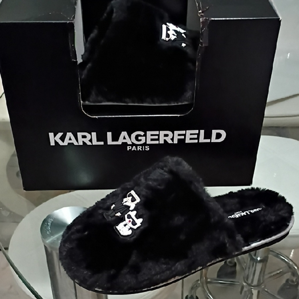 Karl Lagerfeld Paris Jacqui Black Faux Fur Slippers